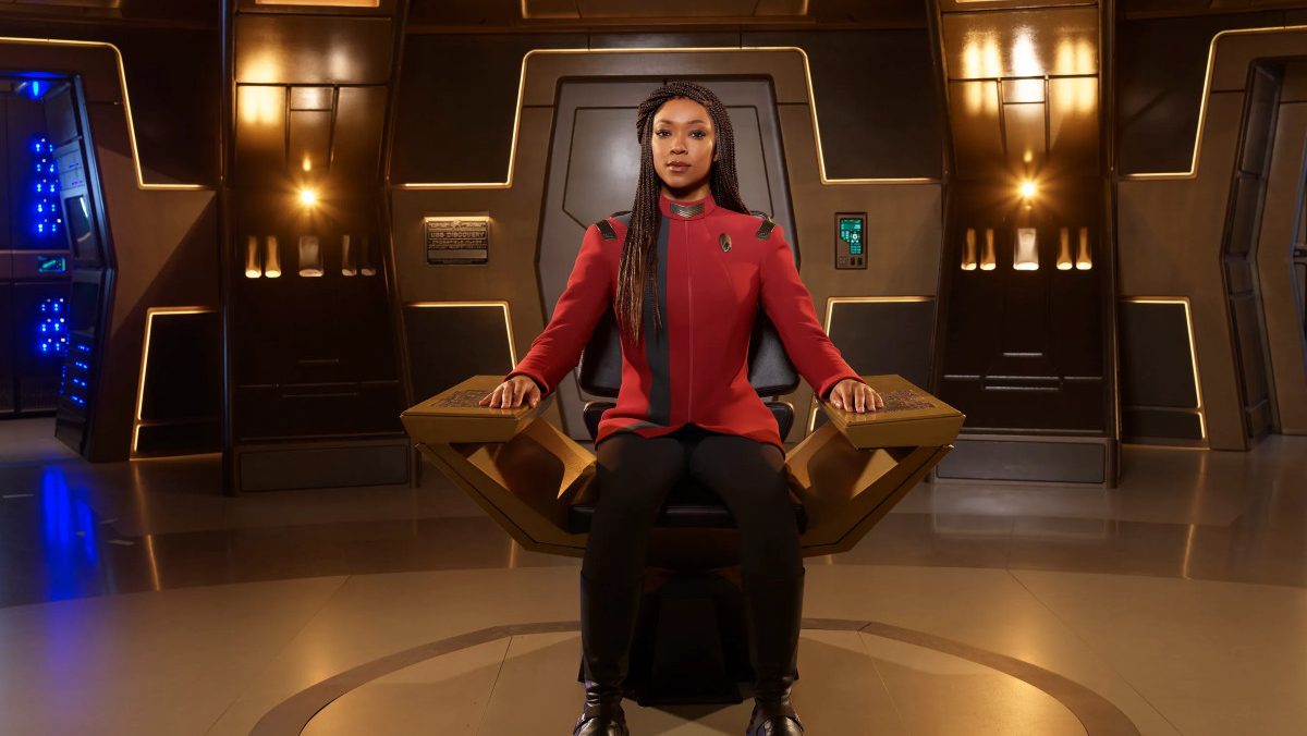 Sonequa Martin-Green as Captain Michael Burnham sitting in the Captain's chair