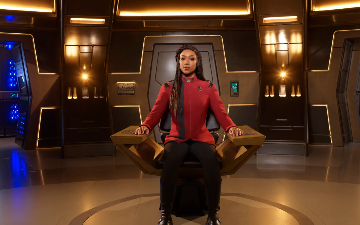 Sonequa Martin-Green as Captain Michael Burnham sitting in the Captain's chair