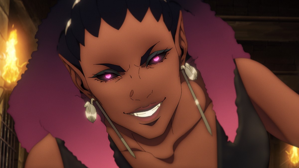 An animated vampire with glowing pink eyes smiles meanacingly in 'Castlevania: Nocturne.'