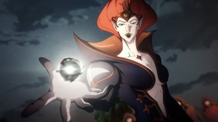 A pale animated vampire woman holds a ball of spinning light in her hand in 'Castlevania: Nocturne.'