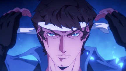 An animated man ties a white ribbon around his forehead looking determined in 'Castlevania Nocturne.'