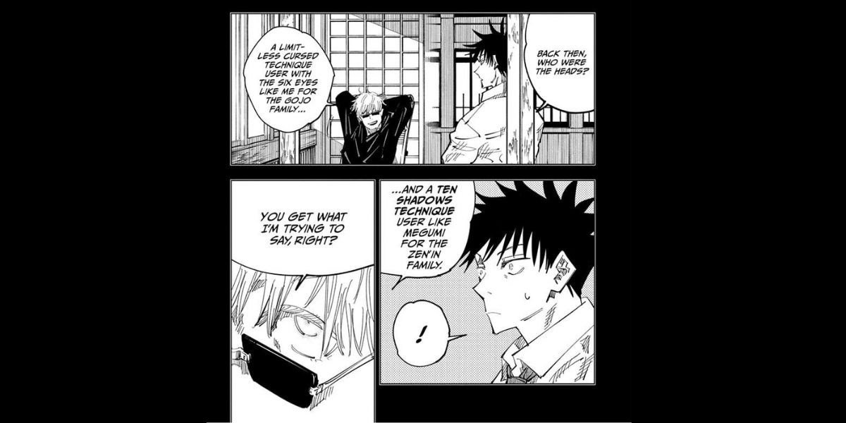 Chapter 117 of Jujutsu Kaisen featuring Megumi and Gojo Satoru conversing about the fight among the previous heads of the Gojo and Zen'in Clan (Weekly Shonen Jump)