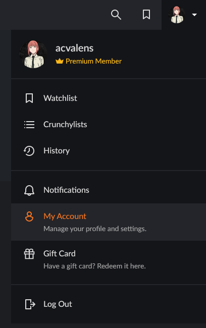 An example of the Crunchyroll account menu