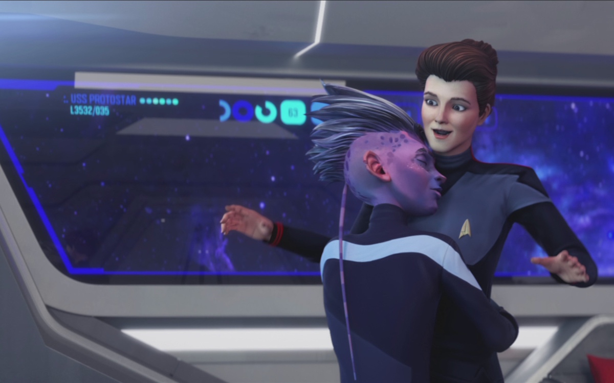 Dal R'El and Hologram Janeway hug in Star Trek: Prodigy
