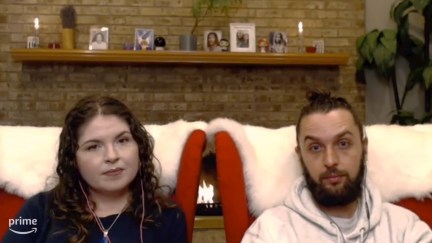 A white man with a beard and long hair sits next to a white woman on a video call in 'Desperately Seeking Soulmate: Escaping Twin Flames Universe.'