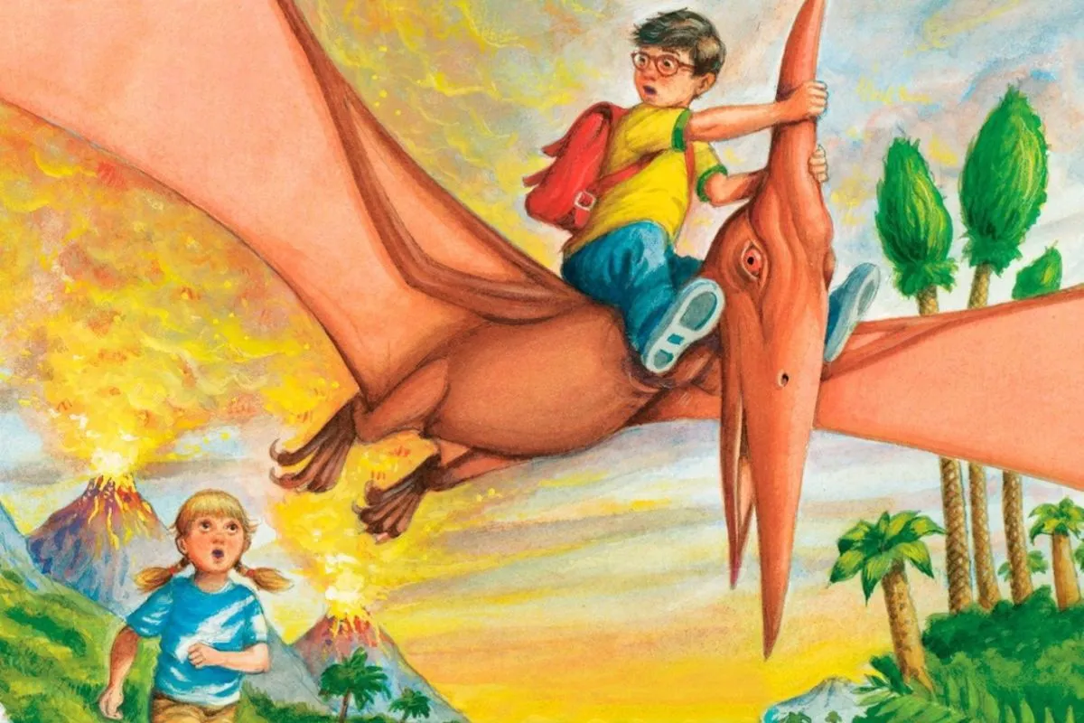 Two kids chasing a dinosaur in "Magic Tree House: Dinosaurs Before Dark."