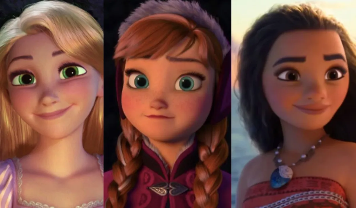 Rapunzel from Tangled, Anna from Frozen, and Moana from Moana