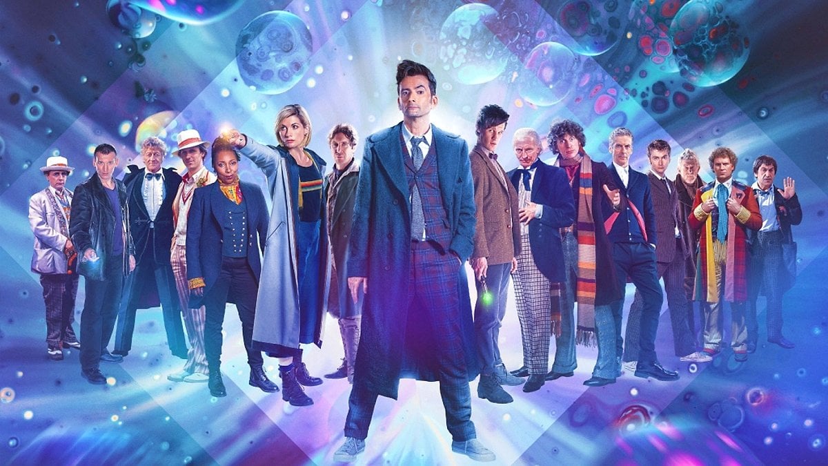 David Tennant surrounded by all the 'Doctor Who' Doctors.