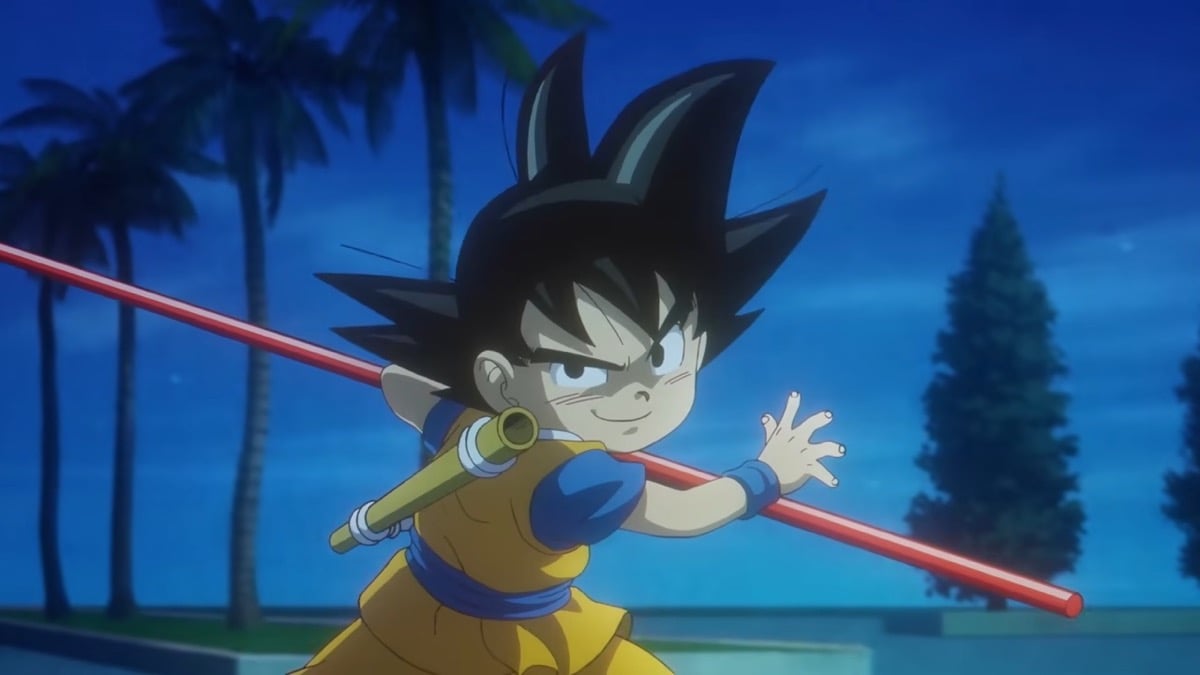 Baby Goku preparing to fight with his staff in "Dragon Ball Daima"
