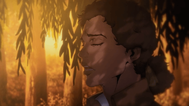 Edouard singing under a willow tree in 'Castlevania: Nocturne.' 