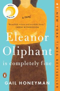 cartoon of a woman from the neck down. She's wearing a yellow top and brown skirt. Eleanor Oliphant is Completely Fine by Gail Honeyman.