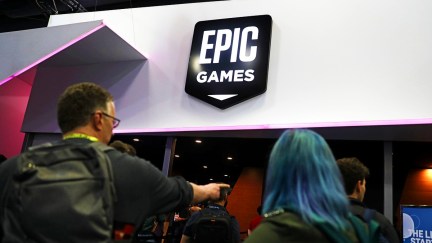 An Epic Games logo at a gaming conference