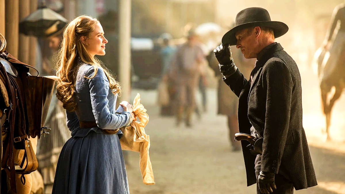Evan Rachel Wood as Dolores Abernathy and Ed Harris as The Man in Black in Westworld