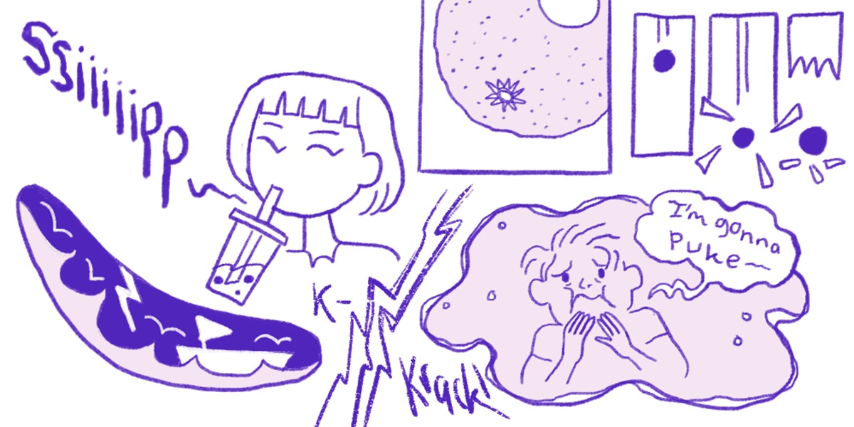 An illustration by Reimena Yee featured on the Comics Devices website, this one focusing on the use of Evocation. From left to right, drawings of food, sipping a beverage with the sound effect "SSiiiiipp~~", a cracking lightning bolt with the sound effect "K-Krack!", nausea with a character inside of a sickly looking background, a shell on the sand and a ball breaking out of a panel are all shown as examples of Evocation.