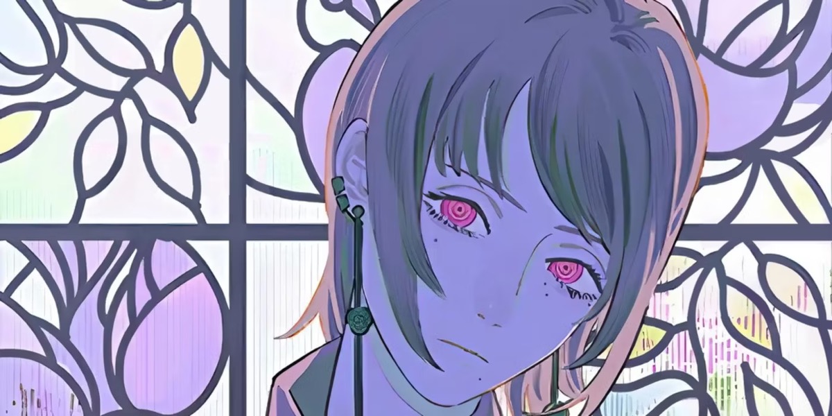 A young woman with headphones and red eyes stares at the camera in "Chainsaw Man"