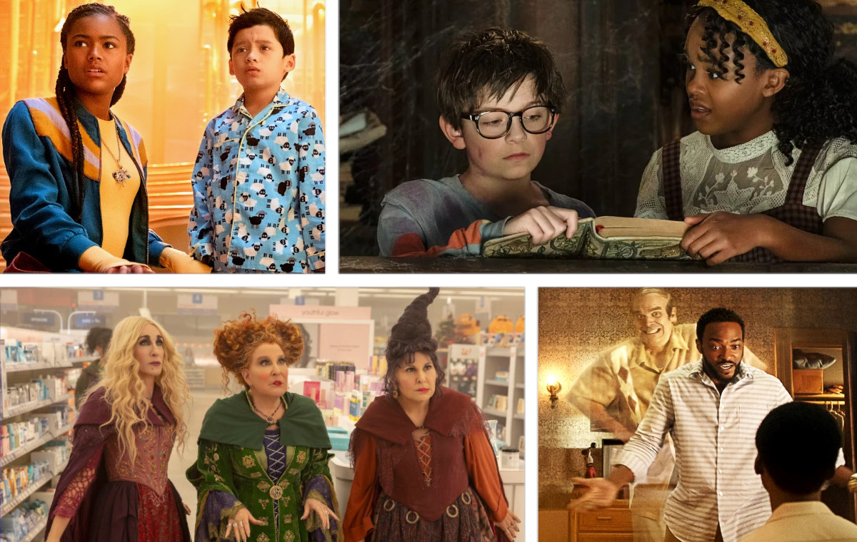 Halloween Movies Collage with A Babysitter's Guide to Monster Hunting, Night Books, Hocus Pocus 2, and We Have a Ghost