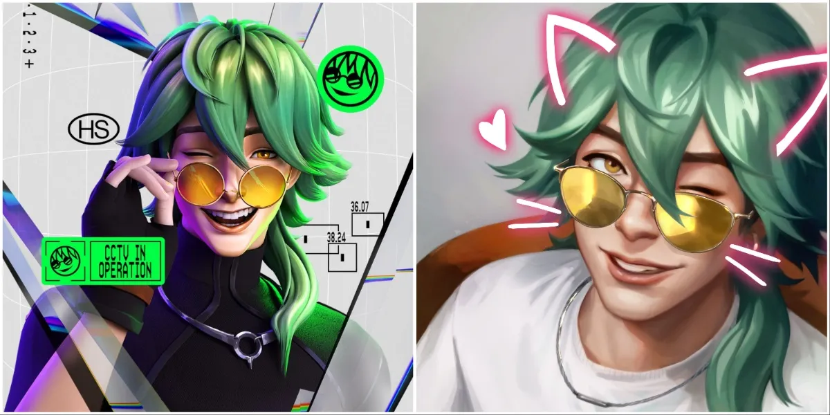 Heartsteel Ezreal Official Screensaver (left) and Ezreal taking a cute cat filter selfie (right)