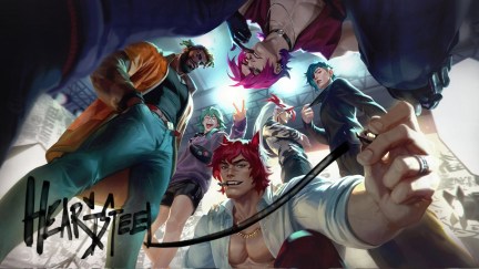 All members of Heartsteel featuring Kayn, K'Sante, Aphelios, Yone, Sett, and Ezreal featured in Hearsteel, Riot Games first ever virtual boyband