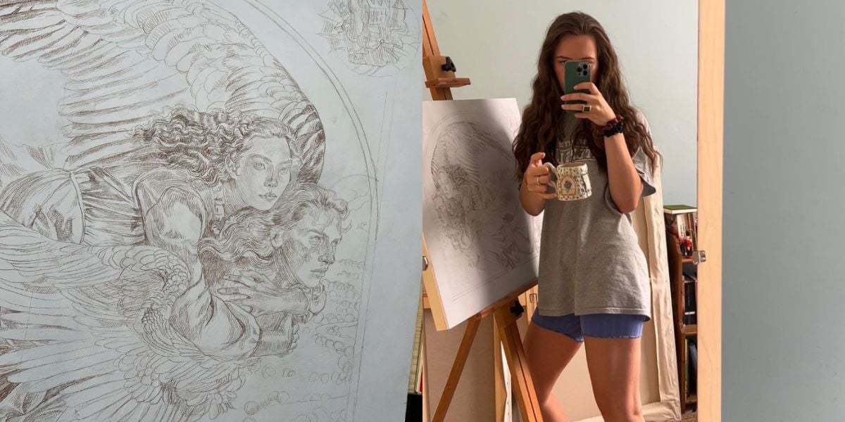 Sophie on Howl's back, work in progress sketch by Ruth Speer, and Ruth Speer posing with her sketch