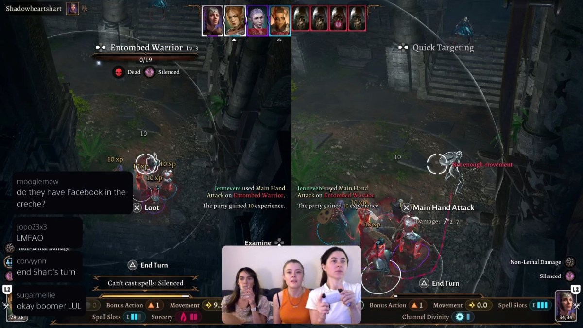 Devora Wilde, Jennifer English, and Aliona Baranova playing Baldur's Gate 3 on a couch together.