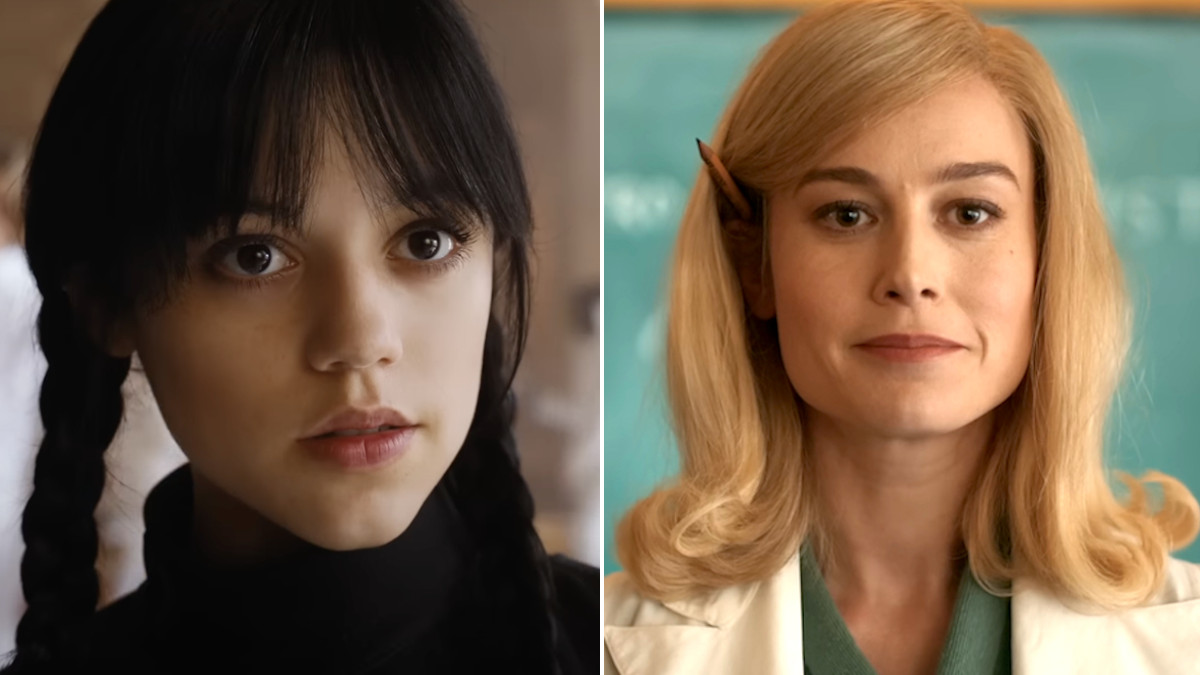 Jenna Ortega as Wednesday Addams in Wednesday and Brie Larson as Elizabeth Zott in Lessons in Chemistry