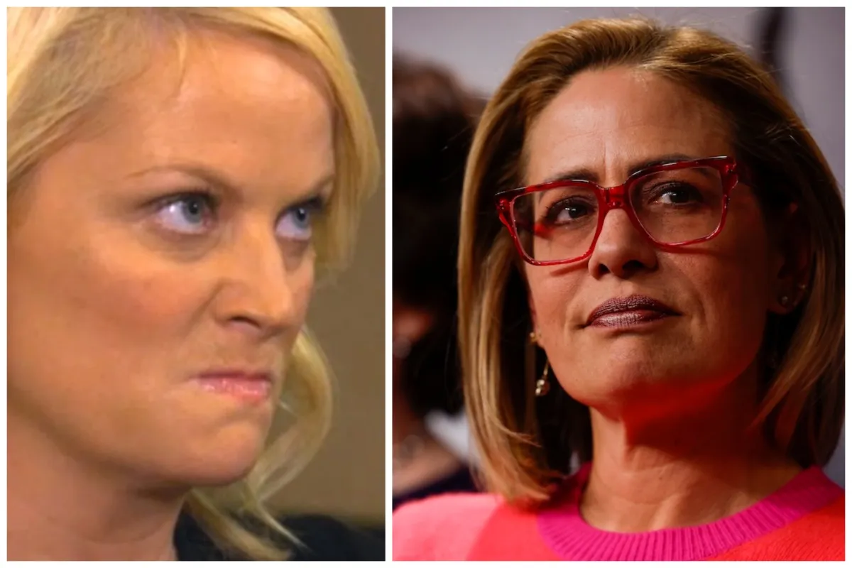 Kyrsten Sinema next to a picture of Parks & Rec's Leslie Knope looking angry.