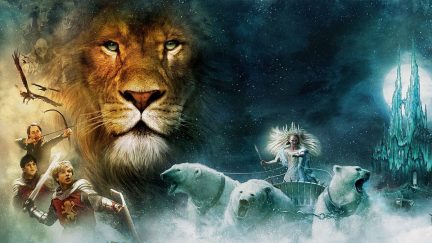 Movie banner for The Lion, The Witch, and The Wardrobe, featuring Aslan, the White Witch, and the Pevensie kids.