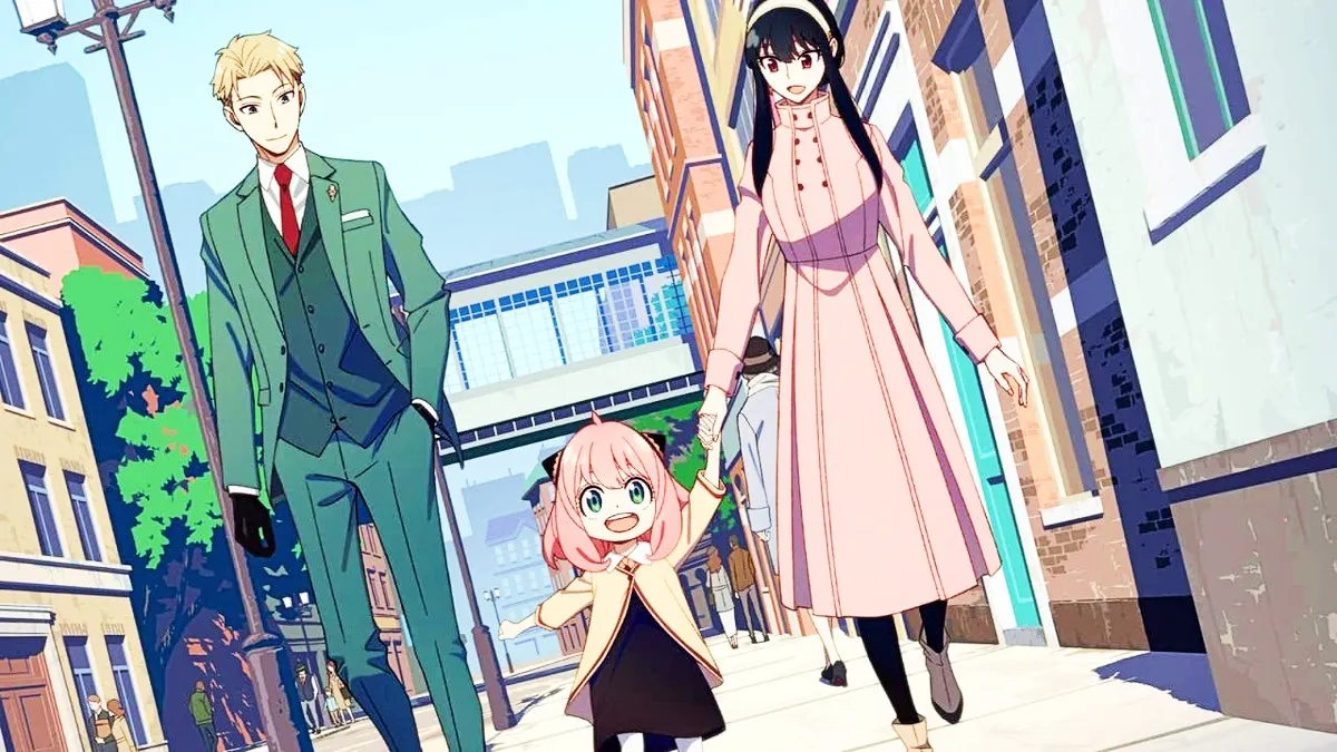 Loid, Anya, and Yor Forger walking in Spy x Family