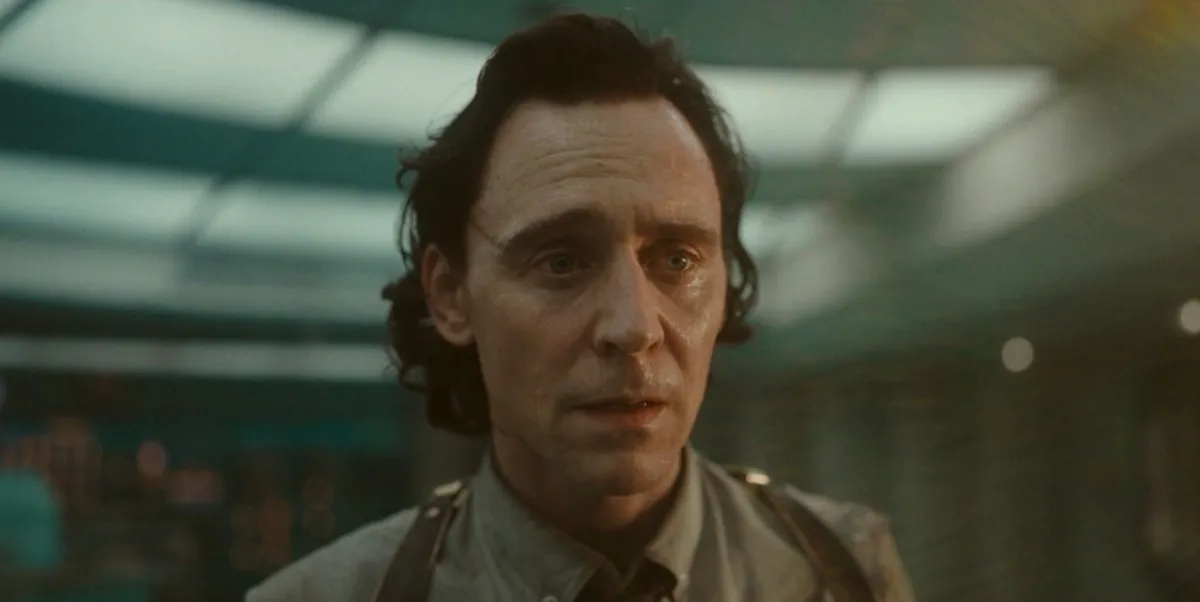 A close up of Loki looking frightened in the TVA.