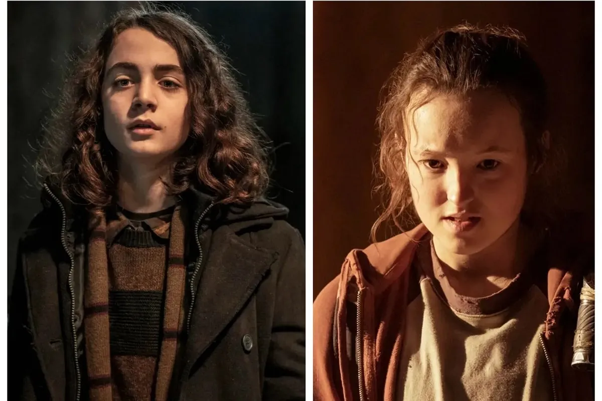 Side by side image of Louis Puech Scigliuzzi as Laurent on 'Daryl Dixon' (left) and Bella Ramsey as Ellie on 'The Last of Us' (right). Laurent is a tween white boy with shoulder length, curly brown hair wearing a brown tweed pullover and scarf under a brown coat. Ellie is a white, teen girl with her long brown hair in a ponytail wearing a grey t-shirt and a red hoodie.