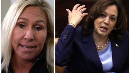 Marjorie Taylor Greene and Kamala Harris in side-by-side photos.
