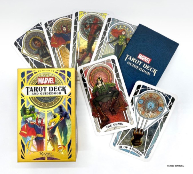Tarot card deck and guidebook featuring Marvel heroes on the Major Arcana.