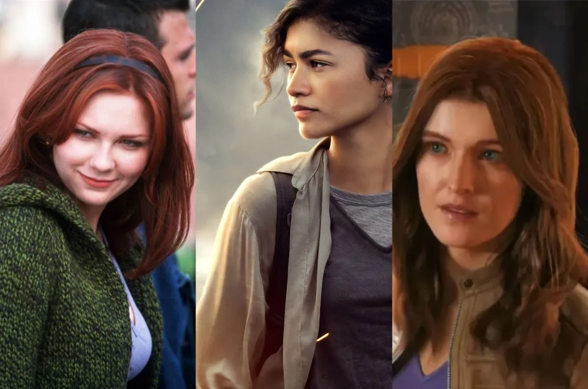 Mary Jane (Kirsten Dunst), Michelle Jones (Zendaya), and Mary Jane (Laura Bailey) in different Spider-Man movies/games