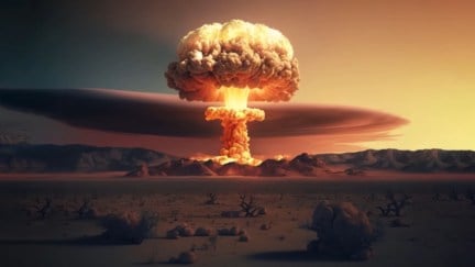Mushroom Cloud produced by a Nuclear Explosion in the middle of the desert, Generative AI Art