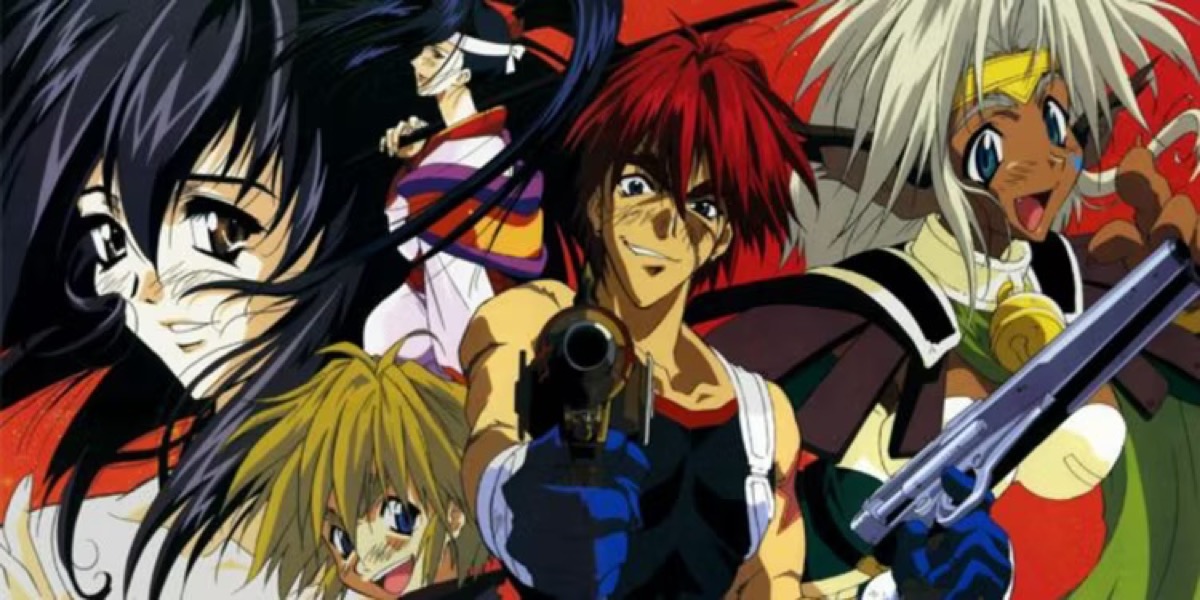 The cast of "Outlaw Star" smiling and pointing guns