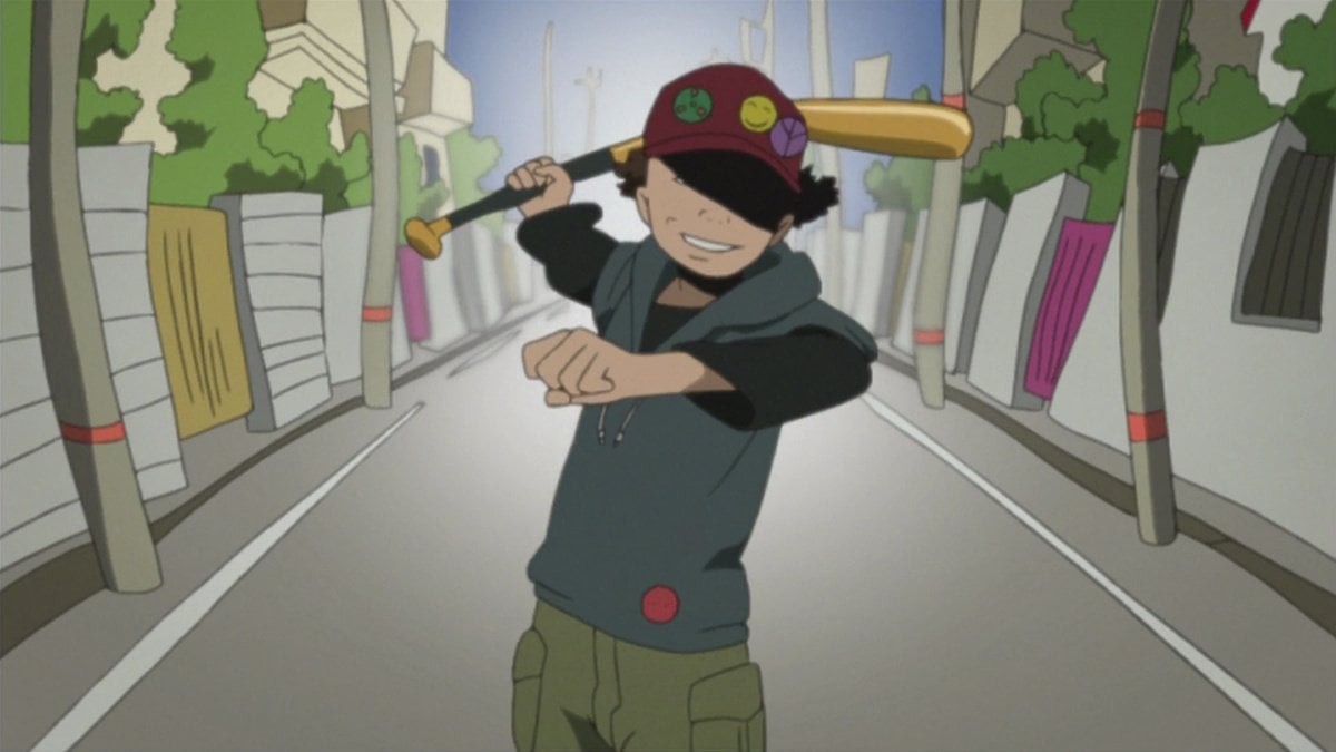 A character wields a baseball bat in the Satoshi Kon anime series 'Paranoia Agent'
