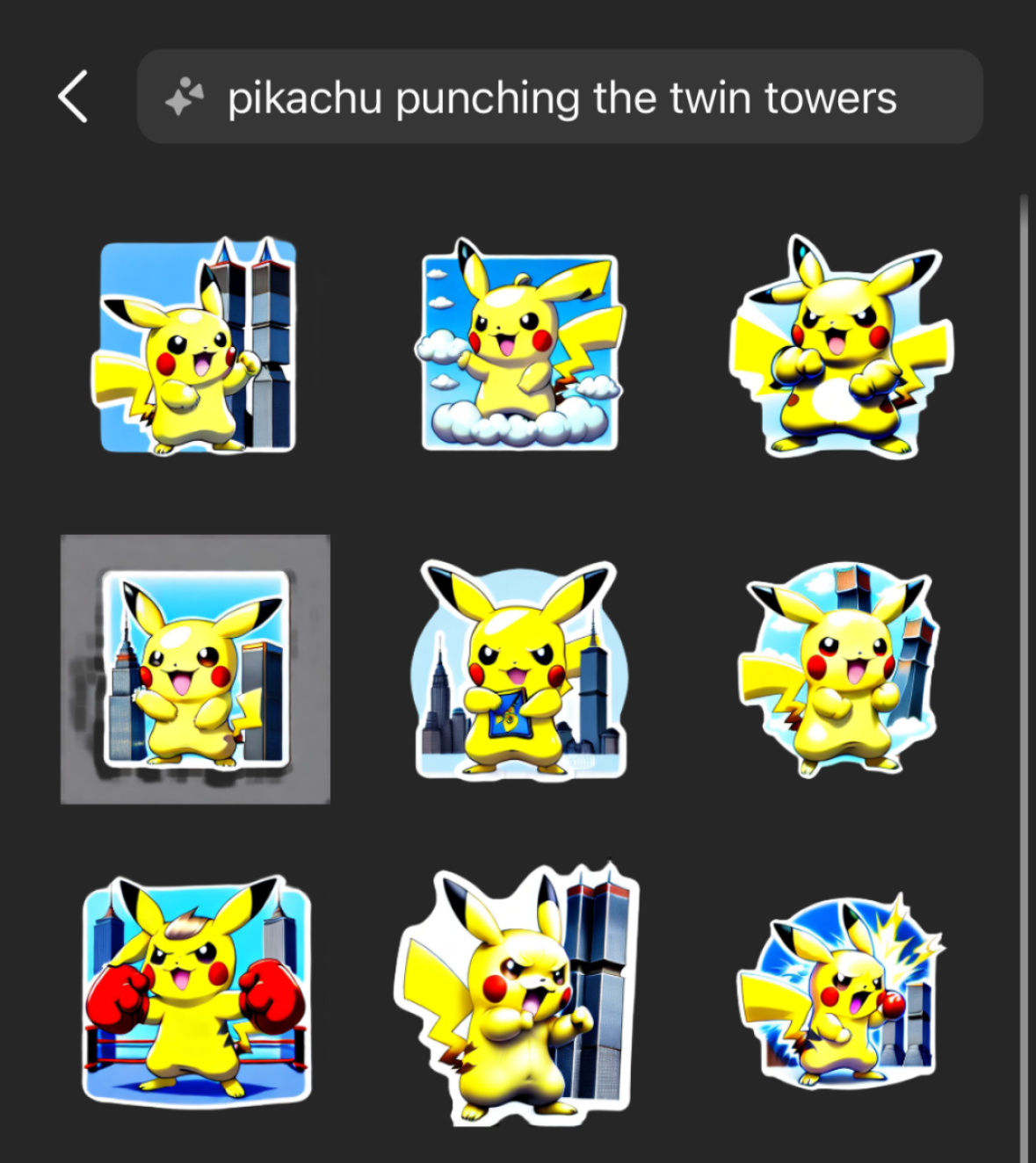 Pikachu punching the Twin Towers, via Instagram's AI stickers system.