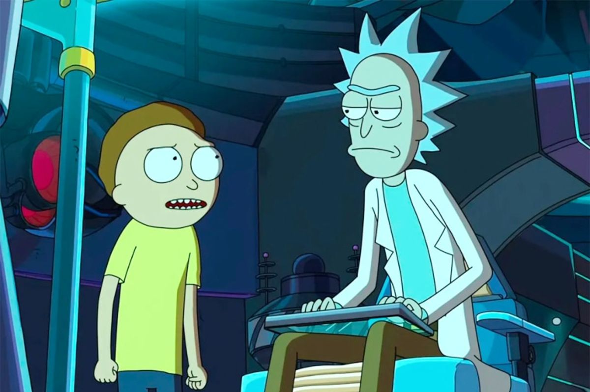 An animated boy talks with his grandpa in an underground lab in 'Rick and Morty.'