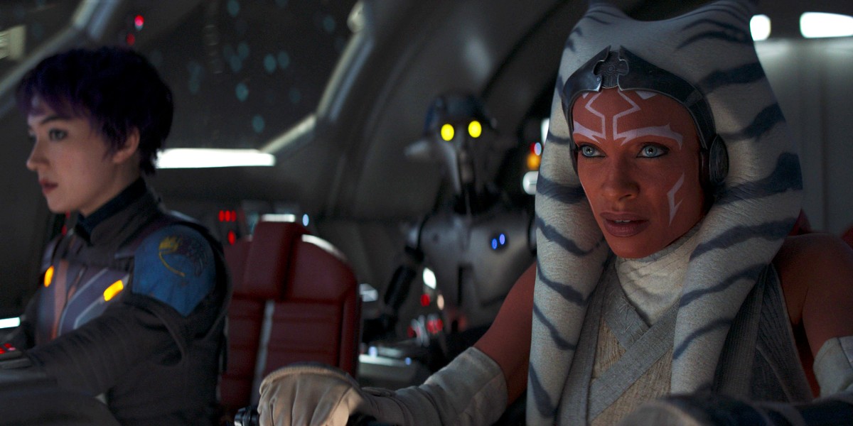 Rosario Dawson as Ahsoka Tano piloting a ship in Ahsoka