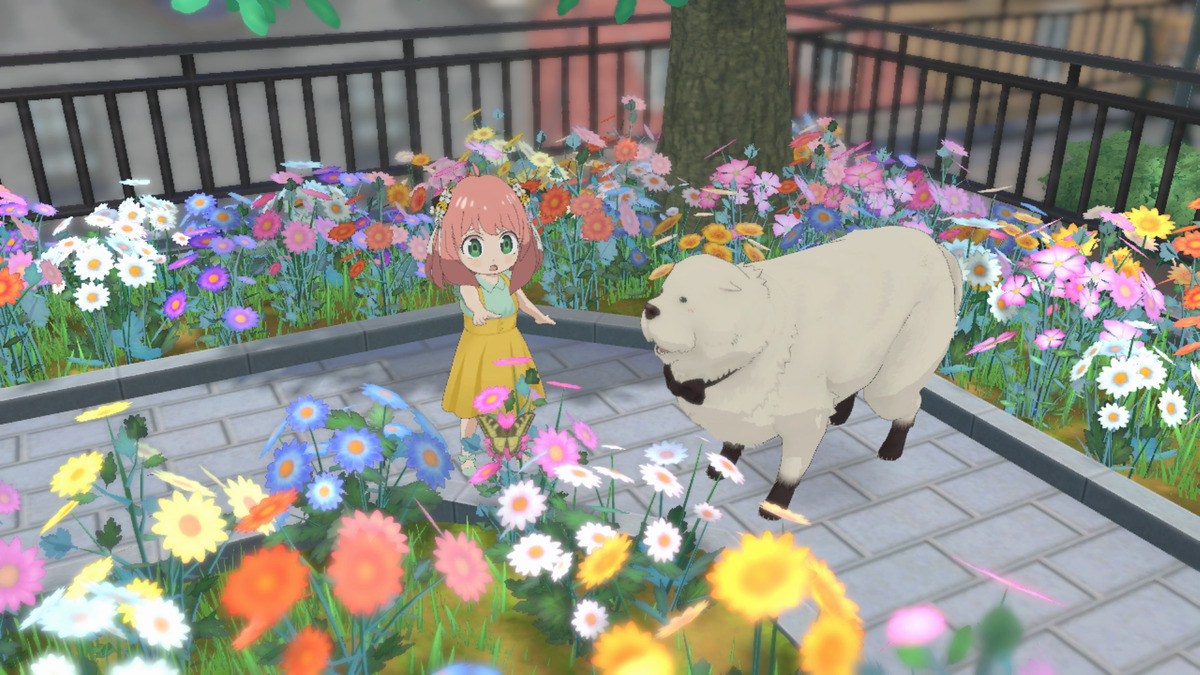 Spy x Family video game SPYXANYA featuring Bond and Anya near a flower patch in the park, screenshot from the game
