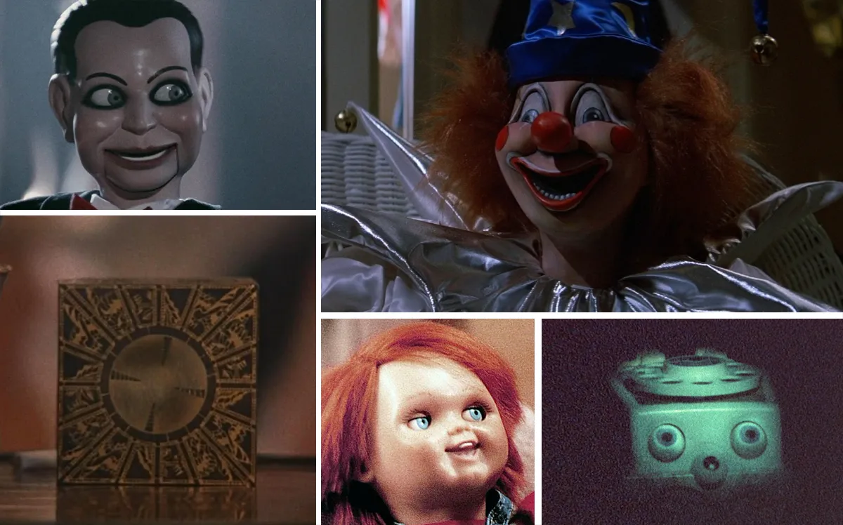 A collage featuring some of the scariest toys in horror movies (clockwise from top left): Billy the dummy in 'Dead Silence,' the clown doll in 'Poltergeist,' the toy phone in 'Skinamarink,' Chucky in 'Child's Play,' and the Lament Configuration in 'Hellraiser'