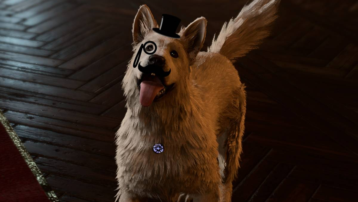 Scratch the dog in 'Baldur's Gate 3,' edited to have a top hat and monocle