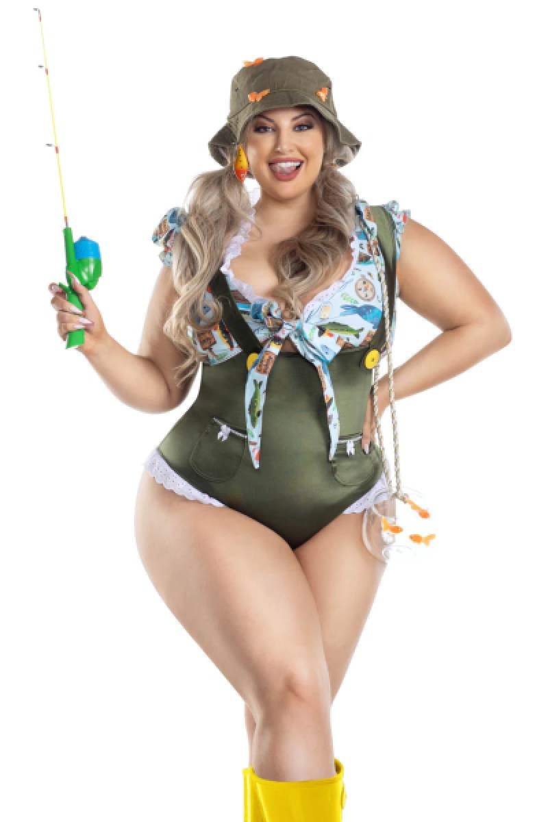 Woman in a sexy Gone Fishin' costume.