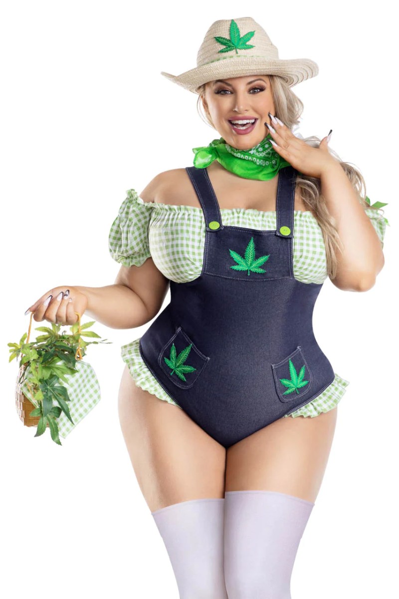 Woman in a sexy pot farmer costume.