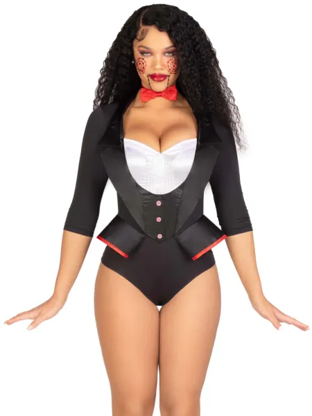 Woman in a sexy 'Saw' puppet costume.