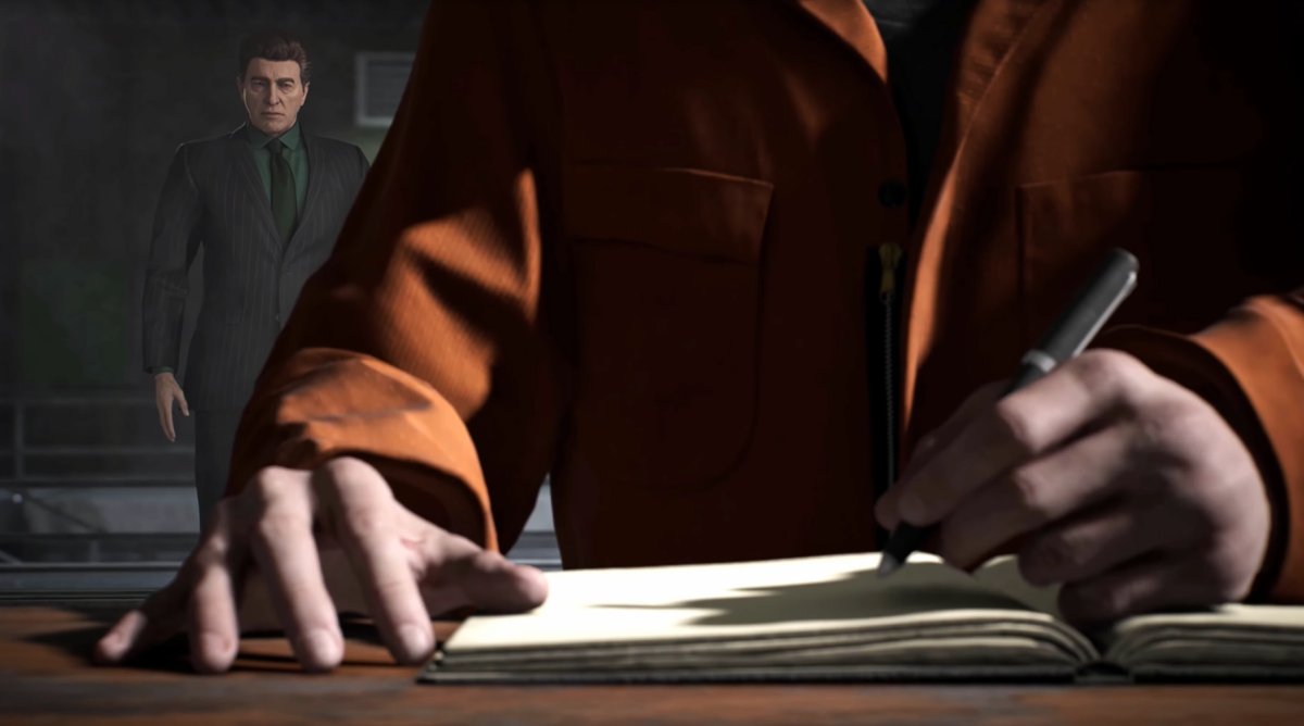 Norman Osborn watches as an imprisoned Doc Ock writes in a journal in 'Marvel's Spider-Man 2'