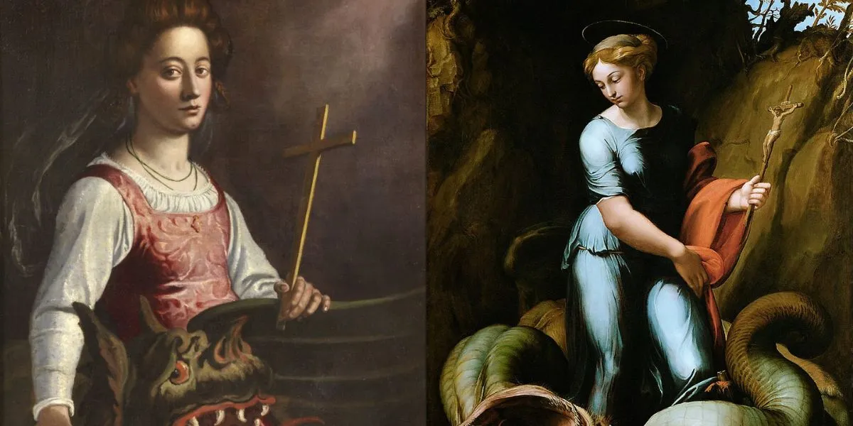 St. Margaret of Antioch by JACOPO CHIMENTI holding a cross with a dragon beside her (Left) and St. Margaret of Antioch holding a cross while glancing at the dragon by Raphael (Right)