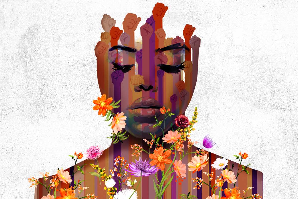 Stamped from the Beginning promo poster featuring a painting of a Black woman covered in flowers. 