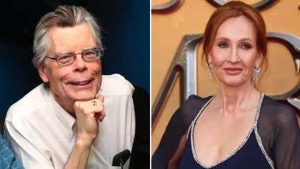 A photo of author Stephen King opposite a photo of author and noted transphobe JK Rowling