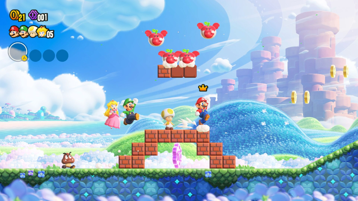 A screenshot of gameplay in 'Super Mario Bros. Wonder' featuring Mario, Luigi, Peach, and Toad